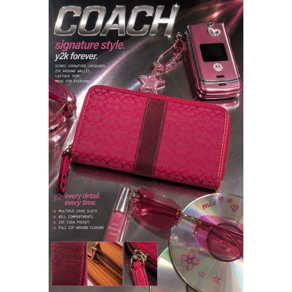 Coach Signature Pink Jacquard Zip Around Wallet Leather Long Zip Clutch Fuchsia